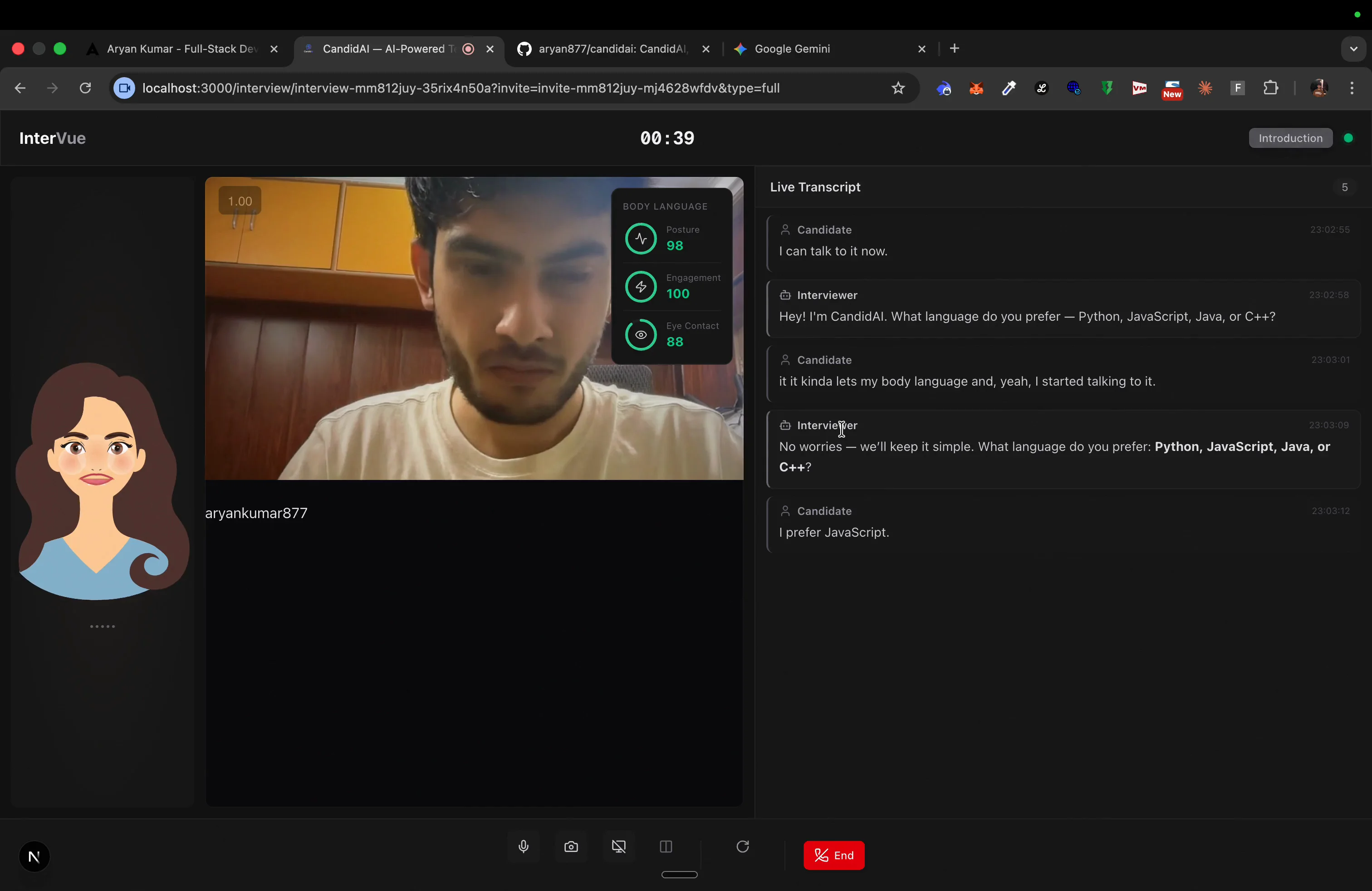 CandidAI Demo — Live interview with body language analysis, avatar, and transcript